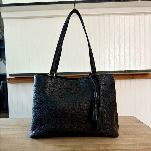 Tory Burch Black Leather McGraw Tassel Tote Bag - Picture 1 of 12